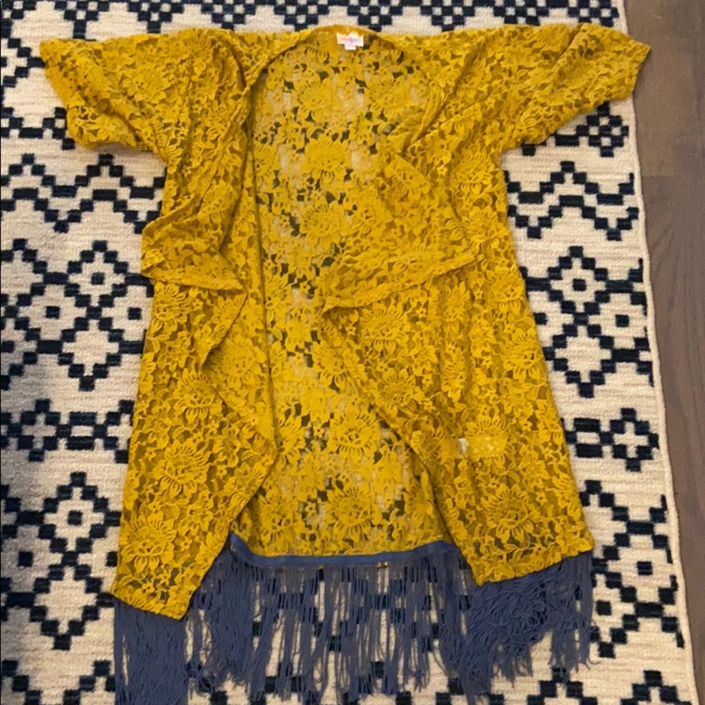 LuLaRoe Monroe Mustard and Blue Fringe Kimomo NWOT